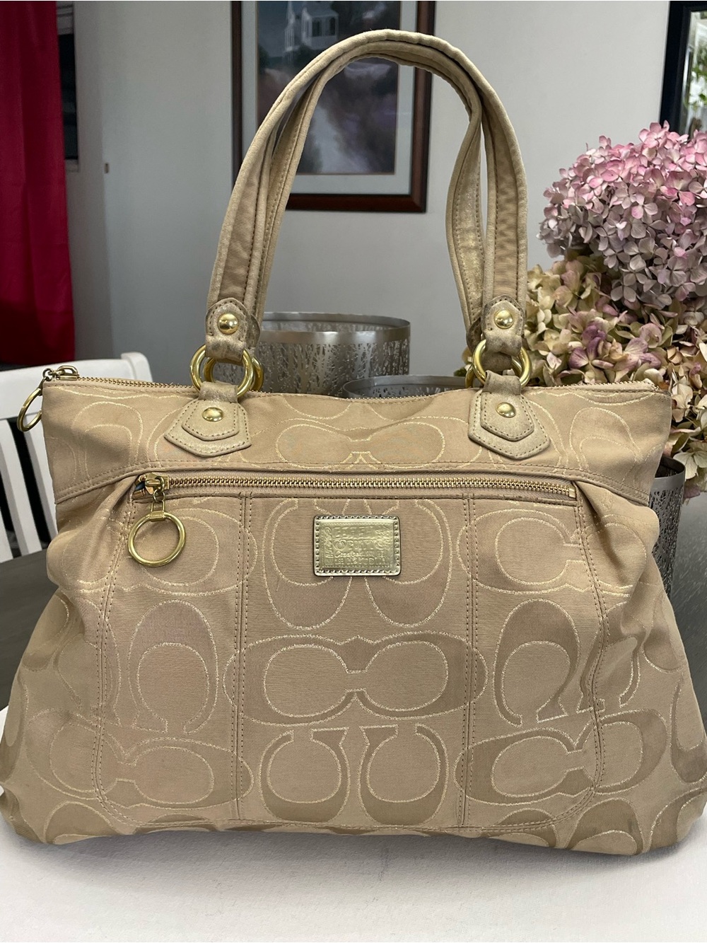 Coach Poppy Gold Signature Glam Tote HandBag Blue Lining Gold Charm Purse